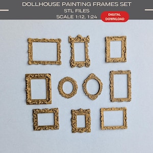 Puede incluir: Un conjunto de nueve marcos de fotos dorados en miniatura de varias formas, incluyendo rectangulares y ovalados. Los marcos tienen detalles intrincados y están dispuestos sobre una superficie gris claro. El texto superior dice "DOLLHOUSE PAINTING FRAMES SET STL FILES SCALE 1:12, 1:24". Un botón rojo dice "DIGITAL DOWNLOAD".