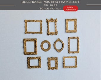 May include: A set of nine miniature gold-colored picture frames in various shapes, including rectangular and oval. The frames are intricately detailed and arranged on a light gray surface. Text at the top reads "DOLLHOUSE PAINTING FRAMES SET STL FILES SCALE 1:12, 1:24". A red button says "DIGITAL DOWNLOAD".