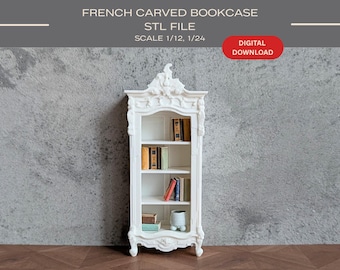 May include: A white miniature French carved bookcase STL file for digital download, scale 1/12 and 1/24. The bookcase features ornate carvings at the top and base, with four shelves containing small books and a white container on the bottom shelf.