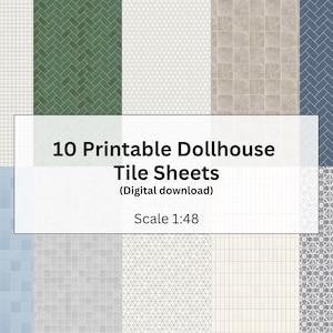 Puede incluir: Una descarga digital de 10 hojas de baldosas imprimibles para casas de muñecas en varios patrones y colores, incluyendo blanco, verde, beige y azul. La escala es 1:48. La imagen incluye el texto "10 Printable Dollhouse Tile Sheets (Digital download) Scale 1:48."