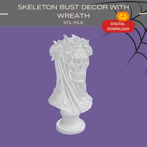 Decoração de busto de esqueleto com guirlanda: decoração de Halloween, estátua em miniatura, arquivo STL, decoração de diorama