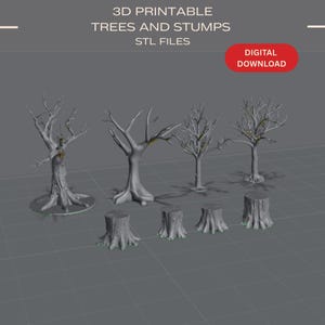 Könnte beinhalten: 3D-druckbare STL-Dateien von Bäumen und Baumstümpfen. Das Bild zeigt mehrere kahle Bäume und Baumstümpfe in Grau. Der Text "Digitaler Download" befindet sich in einem roten Oval.