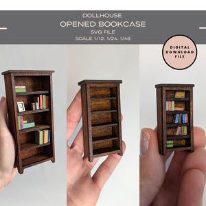 May include: Three wooden dollhouse bookcases with shelves and books. The bookcases are in different sizes and are held in hands. The text on the image reads "Dollhouse Opened Bookcase SVG File Scale 1/12, 1/24, 1/48 Digital Download File".