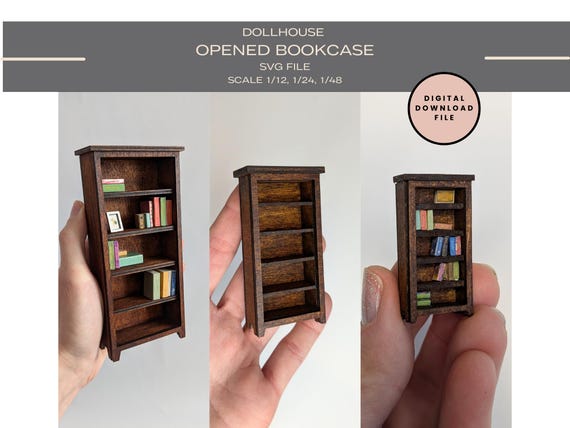 Miniature Dollhouse Bookshelf SVG File: 1/12, 1/24, 1/48 Scale DIY Kit (Digital Download)