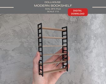 May include: A miniature dollhouse bookshelf with a black ladder-style frame and six light brown horizontal shelves. The text on the image reads DOLLHOUSE MODERN BOOKSHELF SVG, DFX FILE SCALE 1/12 and DIGITAL DOWNLOAD in a red rectangular box.