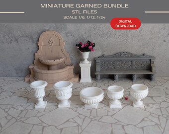 May include: A miniature garden set with a fountain, bench, and various urns. The set includes STL files for digital download, with scales of 1/6, 1/12, and 1/24. The image features a digital download button.