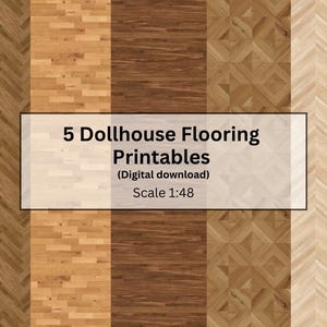 Puede incluir: Cinco patrones de suelo de casa de muñecas imprimibles en varios tonos de madera, incluyendo estilos de espiga, parquet y tablones. Descarga digital, escala 1:48.
