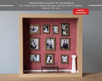 May include: A miniature gallery display in a light wood frame with a textured red back wall. It contains nine ornate gold-colored frames with black and white portraits, a small dark brown bench, and a white column. Text reads: MINIATURE GALLERY OF US BUNDLE, STL FILES, CANVA TEMPLATE AND STEP BY STEP TUTORIAL, SCALE 1/12, 1/24, DIGITAL DOWNLOAD.