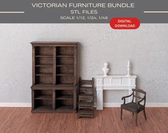 May include: A digital download bundle of Victorian furniture STL files in 1/12, 1/24, and 1/48 scales. The set includes a dark brown wooden bookcase, a set of wooden library steps, a white fireplace mantel, and a dark brown wooden armchair.