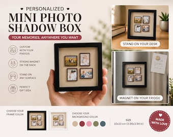 May include: A square black shadow box frame containing four small individual photo frames arranged in a grid on a beige background. The frame features a magnetic back for mounting on metal surfaces and a stand for display on flat surfaces, measuring 10x10 cm.