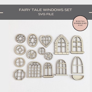 Puede incluir: Una colección de recortes de ventanas de cuentos de hadas de madera en varias formas, incluyendo círculos, óvalos y diseños arqueados. El texto "FAIRY TALE WINDOWS SET SVG FILE" se muestra en la parte superior. Una pegatina circular dice "DIGITAL DOWNLOAD FILE".