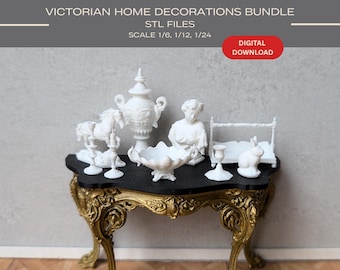 May include: A collection of white miniature 3D printed objects including a horse, a lidded urn, a bowl, a bust, a small bed, and a rabbit, displayed on a gold-toned table with a black top. Text reads: VICTORIAN HOME DECORATIONS BUNDLE STL FILES SCALE 1/6, 1/12, 1/24 DIGITAL DOWNLOAD.