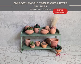 May include: A miniature green garden work table with multiple terracotta pots, some containing plants. The image includes the text "GARDEN WORK TABLE WITH POTS, STL FILES, SCALE 1/6, 1/12, 1/24, DIGITAL DOWNLOAD."