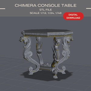 Puede incluir: Mesa consola renderizada digitalmente con patas ornamentadas en forma de voluta y una tapa hexagonal. La mesa es gris con detalles dorados y presenta un diseño detallado. El texto en la imagen dice "CHIMERA CONSOLE TABLE" y "DIGITAL DOWNLOAD."