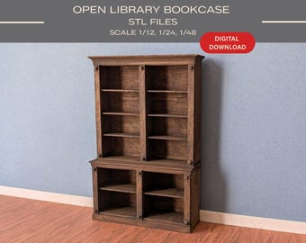 May include: A brown wooden open library bookcase with two vertical sections, featuring four shelves in the upper portion and two shelves in the lower portion. Text reads: OPEN LIBRARY BOOKCASE STL FILES SCALE 1/12, 1/24, 1/48 DIGITAL DOWNLOAD.