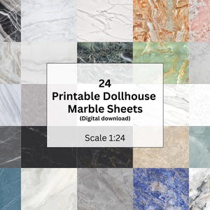 Puede incluir: Una cuadrícula de 24 láminas de mármol imprimibles para casas de muñecas en varios colores y patrones. La imagen incluye diseños de mármol blanco, gris, negro, azul y marrón. El texto en la imagen dice "24 Printable Dollhouse Marble Sheets (Digital download) Scale 1:24."