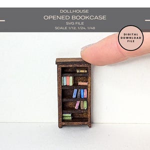 May include: A brown wooden dollhouse bookcase with five shelves filled with colorful books. The bookcase is open and the shelves are visible. The bookcase is about 10 inches tall.