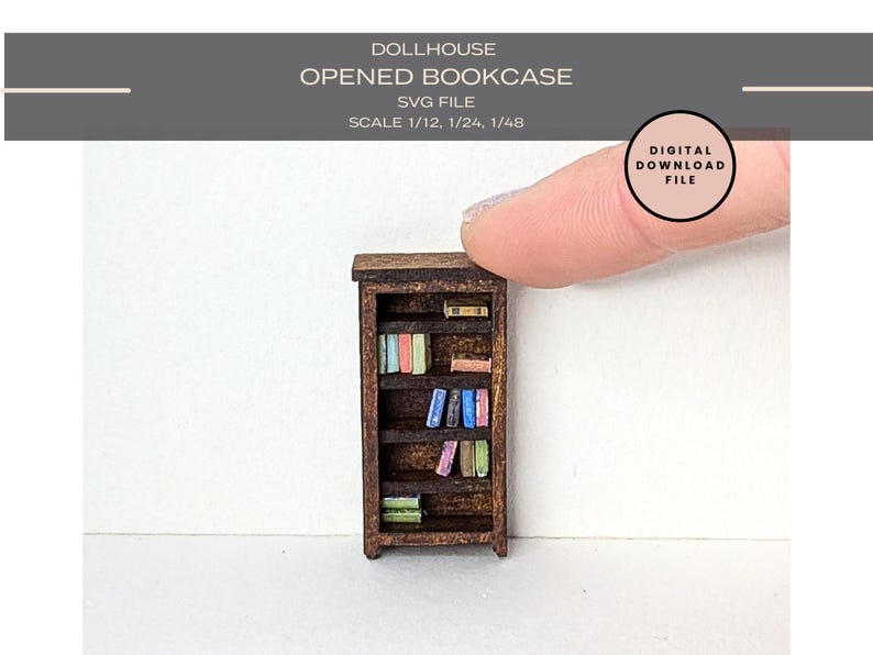 May include: A brown wooden dollhouse bookcase with five shelves filled with colorful books. The bookcase is open and the shelves are visible. The bookcase is about 10 inches tall.