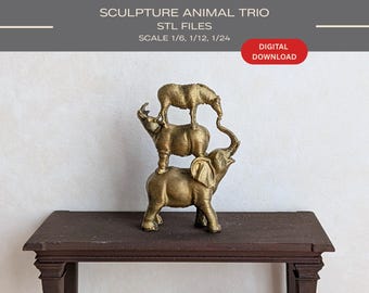 May include: A gold-colored sculpture of three stacked animals, including an elephant at the base, a rhinoceros in the middle, and a zebra on top. The text reads SCULPTURE ANIMAL TRIO, STL FILES, SCALE 1/6, 1/12, 1/24, and DIGITAL DOWNLOAD.