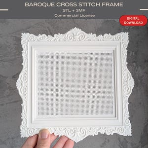 May include: A white square frame with an ornate, raised border and a central grid of small holes for cross-stitching. The text reads BAROQUE CROSS STITCH FRAME, STL + 3MF, Commercial License, and DIGITAL DOWNLOAD.