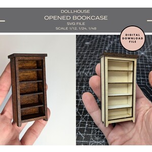 May include: A wooden dollhouse bookcase with four shelves. The bookcase is shown in two different colors, one with a dark brown finish and the other with a light wood finish.