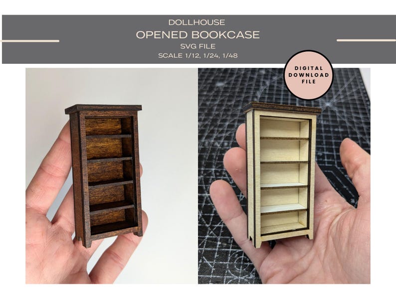 May include: A wooden dollhouse bookcase with four shelves. The bookcase is shown in two different colors, one with a dark brown finish and the other with a light wood finish.