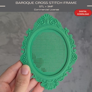 May include: A green oval frame with ornate scrollwork details and a perforated center for cross stitch projects. The text reads BAROQUE CROSS STITCH FRAME, STL + 3MF, Commercial License, and DIGITAL DOWNLOAD.