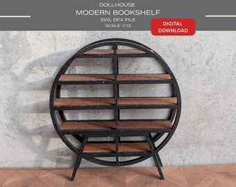 May include: A circular dollhouse bookshelf with a black frame and four horizontal wooden shelves. The text at the top reads DOLLHOUSE MODERN BOOKSHELF SVG, DFX FILE SCALE 1/12 and a red box states DIGITAL DOWNLOAD. The unit stands on two legs.