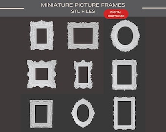May include: A collection of eight white miniature picture frames with ornate, decorative borders in various rectangular and oval shapes. The image includes the text "MINIATURE PICTURE FRAMES STL FILES" and a red oval badge labeled "DIGITAL DOWNLOAD".