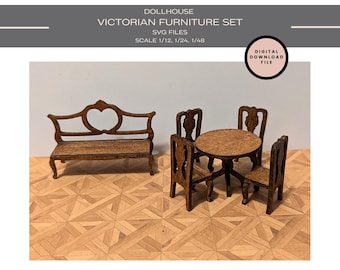 May include: A set of Victorian dollhouse furniture, including a table with four chairs and a bench with a heart-shaped back. The furniture is made of wood and is painted in a brown color. The furniture is designed for dollhouses with a scale of 1/12, 1/24, or 1/48.