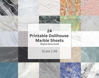 May include: A grid of 24 printable dollhouse marble sheets in various colors and patterns. The image includes a variety of marble textures, including white, gray, black, and brown, with visible veining. Text on the image reads "24 Printable Dollhouse Marble Sheets (Digital download) Scale 1:48."