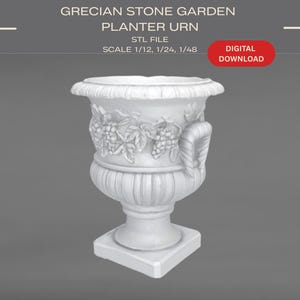 May include: A white Grecian stone garden planter urn with a detailed design. The urn features grape and leaf motifs, a square base, and a handle. The text "DIGITAL DOWNLOAD" is on a red button.