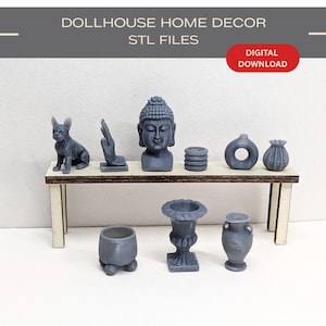 Puppenhaus Dekor STL Datei: Miniatur Buddha, Vasen, Buchstütze (Digitaler Download)