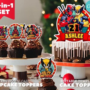 May include: A set of printable cupcake toppers featuring Deadpool and Wolverine characters. The set includes four round cupcake toppers with the text "Happy Birthday" and a larger cake topper with the text "21 Ashlee".