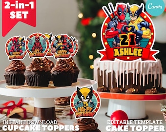 Deadpool & Wolverine Birthday Cake Topper Bundle (Canva Editable, Digital File)