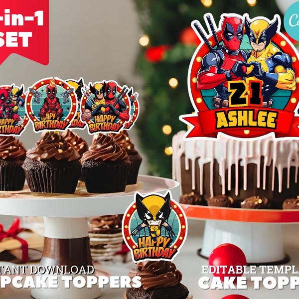 Deadpool & Wolverine Birthday Cake Topper Bundle (Canva Editable, Digital File)
