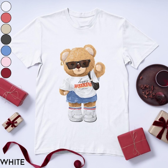 Trendy Teddy Bear Cool Weekend Vibes Graphic Tee for