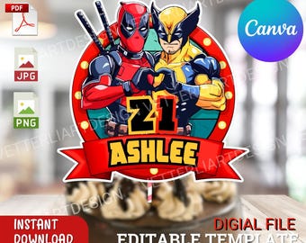 Adorno para tarta de Deadpool y Lobezno: Decoración editable para fiesta de cumpleaños (Canva)