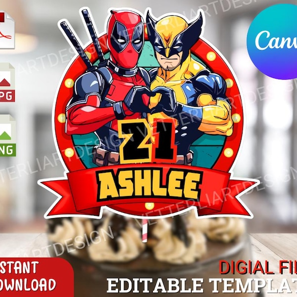 Deadpool & Wolverine Cake Topper: Editable Birthday Party Decor (Canva)