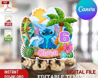 Editable Tropical Cake Topper – Canva Birthday Template – Digital File for Kids Party Decor