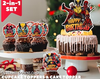 Lote de adornos de Deadpool y Wolverine. Adornos para cupcakes y tartas. Archivo digital. Fiesta de cumpleaños