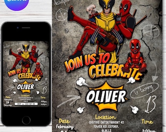 Deadpool and Wolverine Birthday Party, Printable Invitation, Party Invitation, Canva Editable,DIY