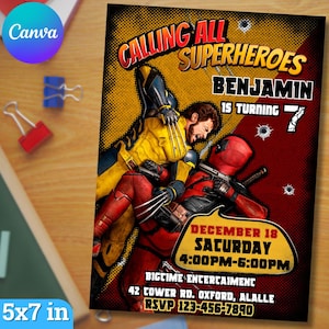 Deadpool & Wolverine Birthday Invitation: Editable Superhero Party (5x7) (Digital Download)