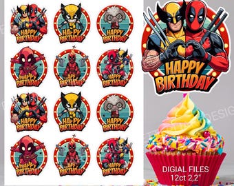 Adornos para cupcakes de Deadpool y Wolverine, adornos para cupcakes imprimibles, fiesta de cumpleaños