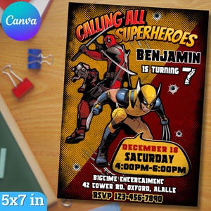 Deadpool & Wolverine Birthday Invitation: Superhero Party (Canva Editable)