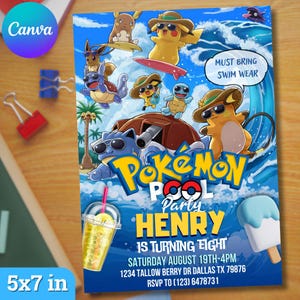 Pokemon verjaardagsuitnodiging zwembadfeest afdrukbare, uitnodiging zwembadfeest, canvas bewerkbaar, DIY