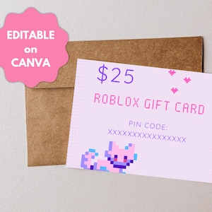 Puede incluir: Una tarjeta de regalo de Roblox de $25 con un diseño pixelado, con un gráfico de gato rosa y morado. La tarjeta es de color rosa claro con el texto "ROBLOX GIFT CARD" y "PIN CODE:" en una fuente pixelada. La tarjeta está junto a un sobre marrón.