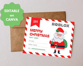 May include: A printable gift card template for a $25 Roblox gift card. The template features a red and white striped background with a cartoon image of Santa Claus holding a gift. The text "Merry Christmas" is written in red letters and the text "Roblox" is written in black letters.