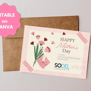 Puede incluir: Una tarjeta de regalo rosa y blanca con un ramo de flores rosas y rojas. La tarjeta dice "Feliz Día de la Madre" y tiene un número de tarjeta de regalo y un monto. La tarjeta es de Sodel Concepts.