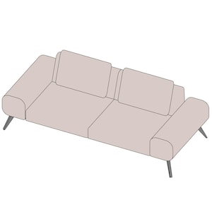 May include: A light grey two-seater sofa with rounded armrests and wooden legs. The sofa has two cushions and a simple design.